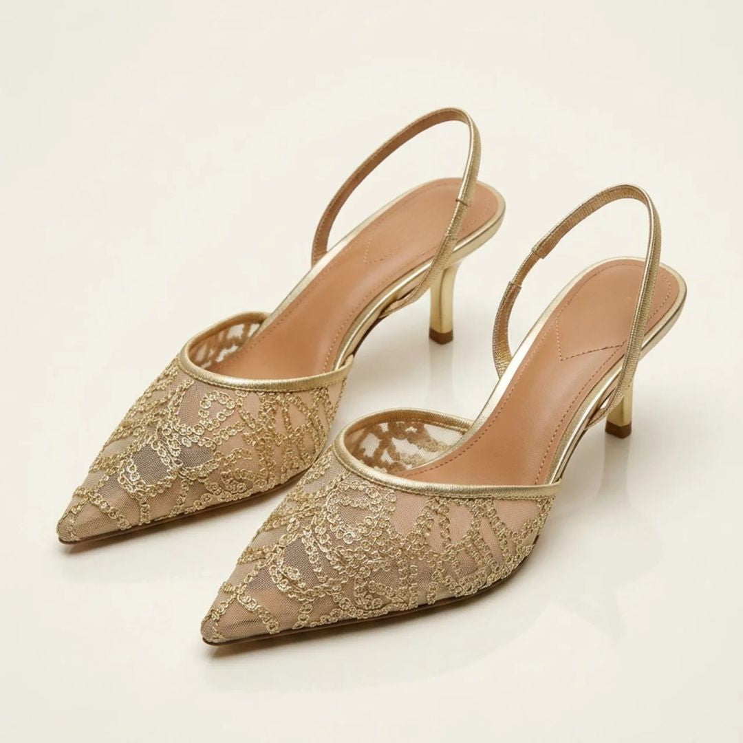 Champagne Mesh gold embroidered heel by Ozzaro