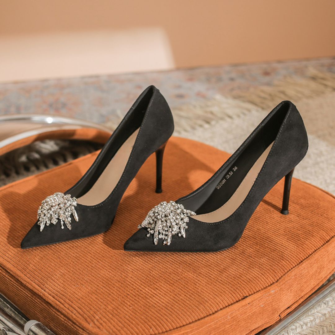 Noir Spark black suede crystal brooch heel by Ozzaro