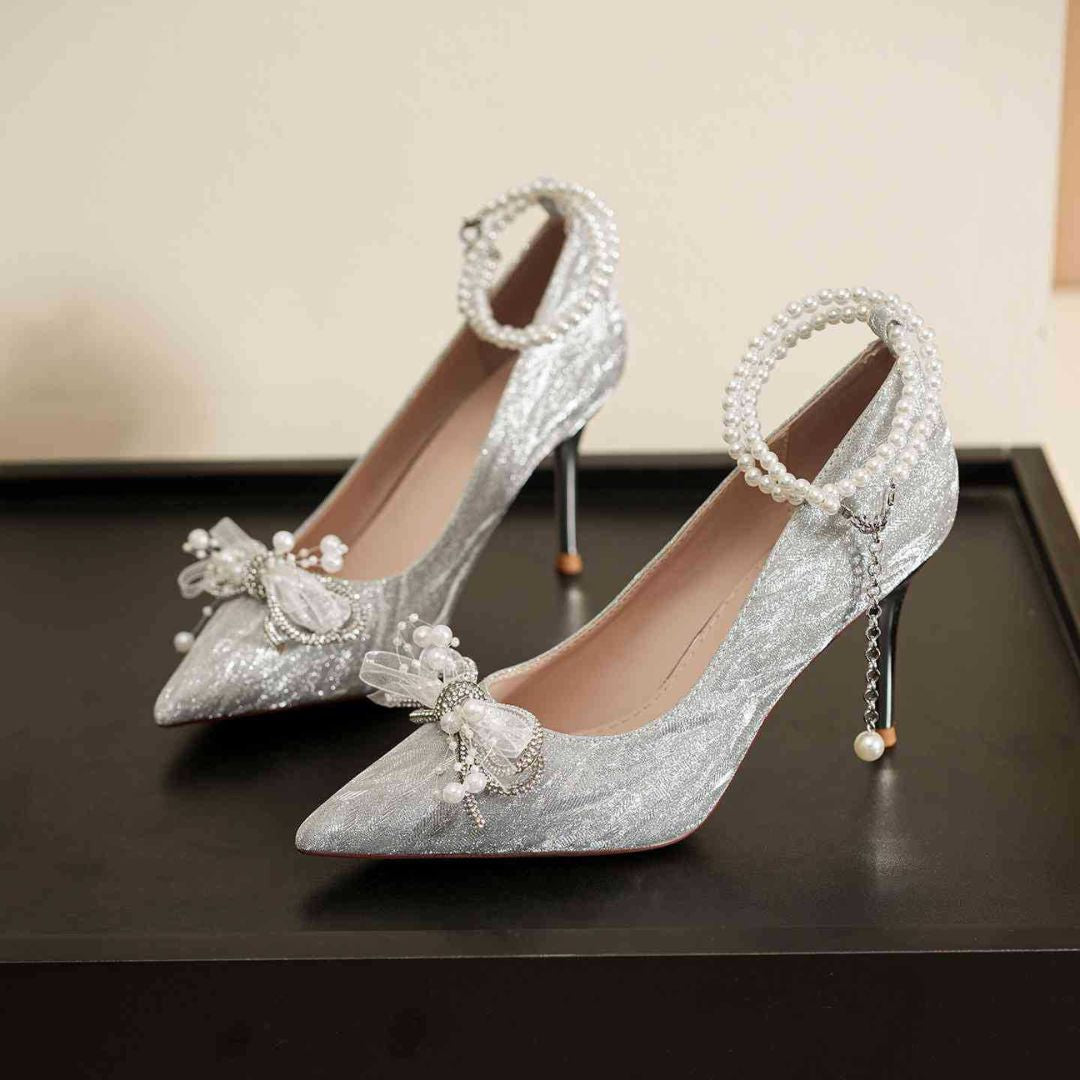 Heels for mother of the bride Indian wedding — Ozzaro champagne silver bridal block heel