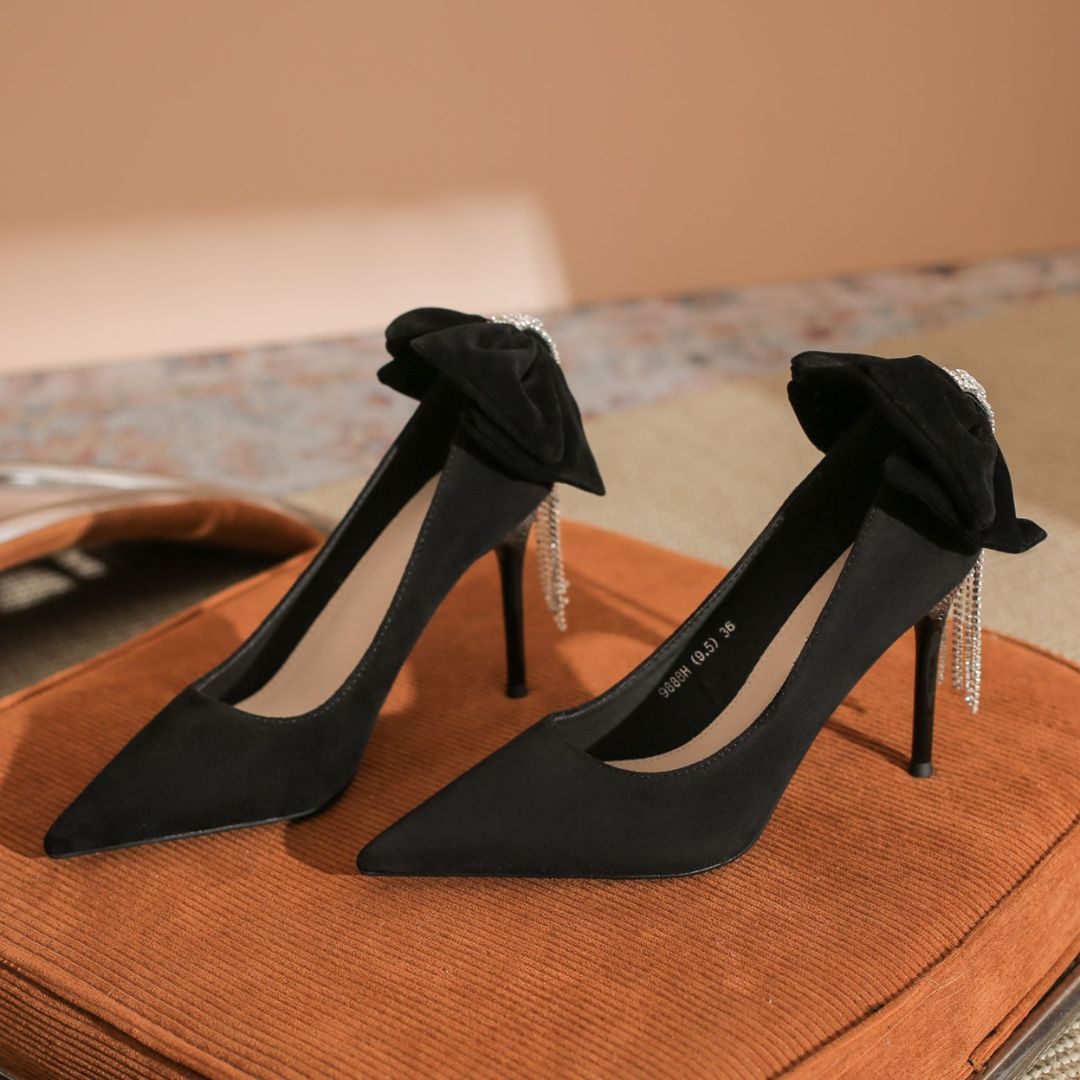 Jashn Bow black rhinestone heel by Ozzaro