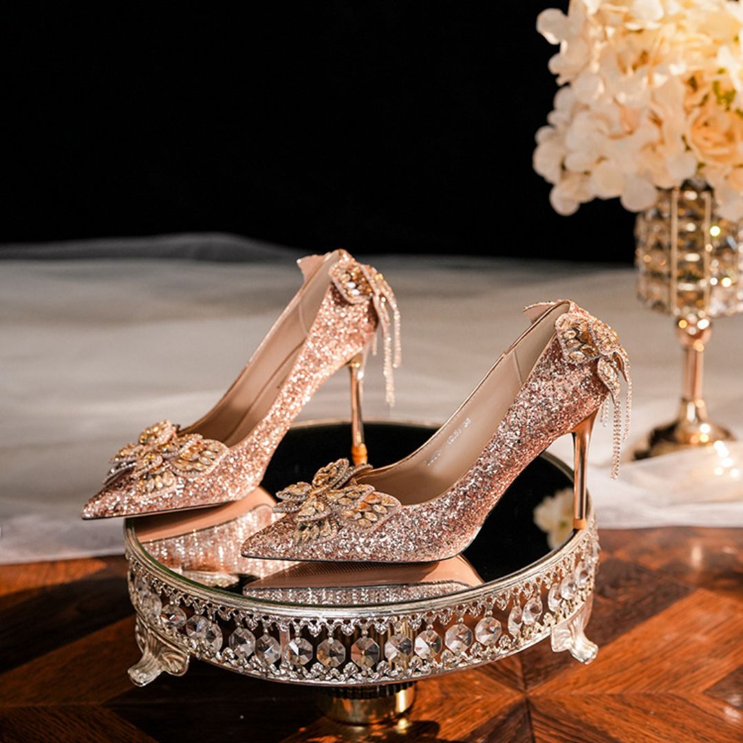 Filmi Flash champagne glitter bridal heel by Ozzaro