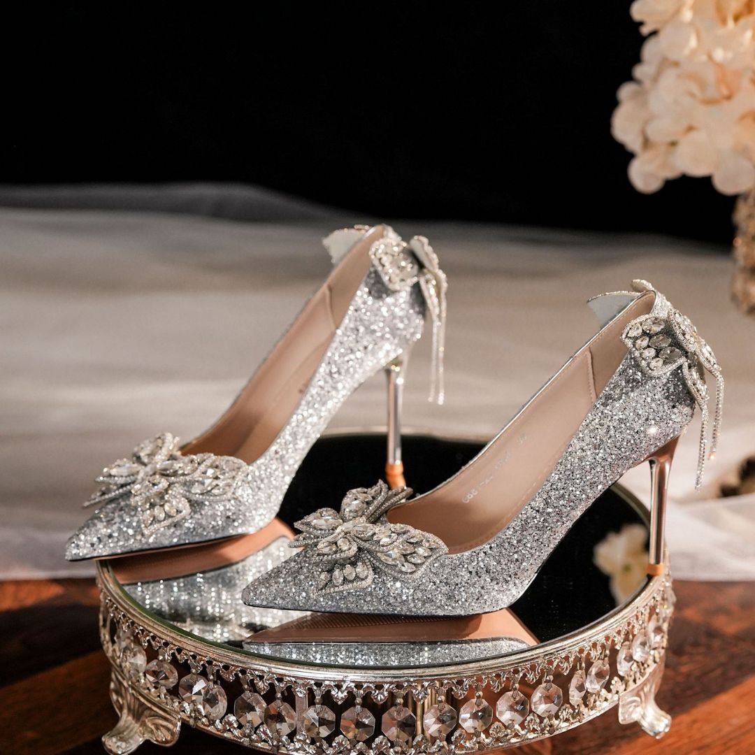 Filmi Flash silver glitter bridal heel by Ozzaro