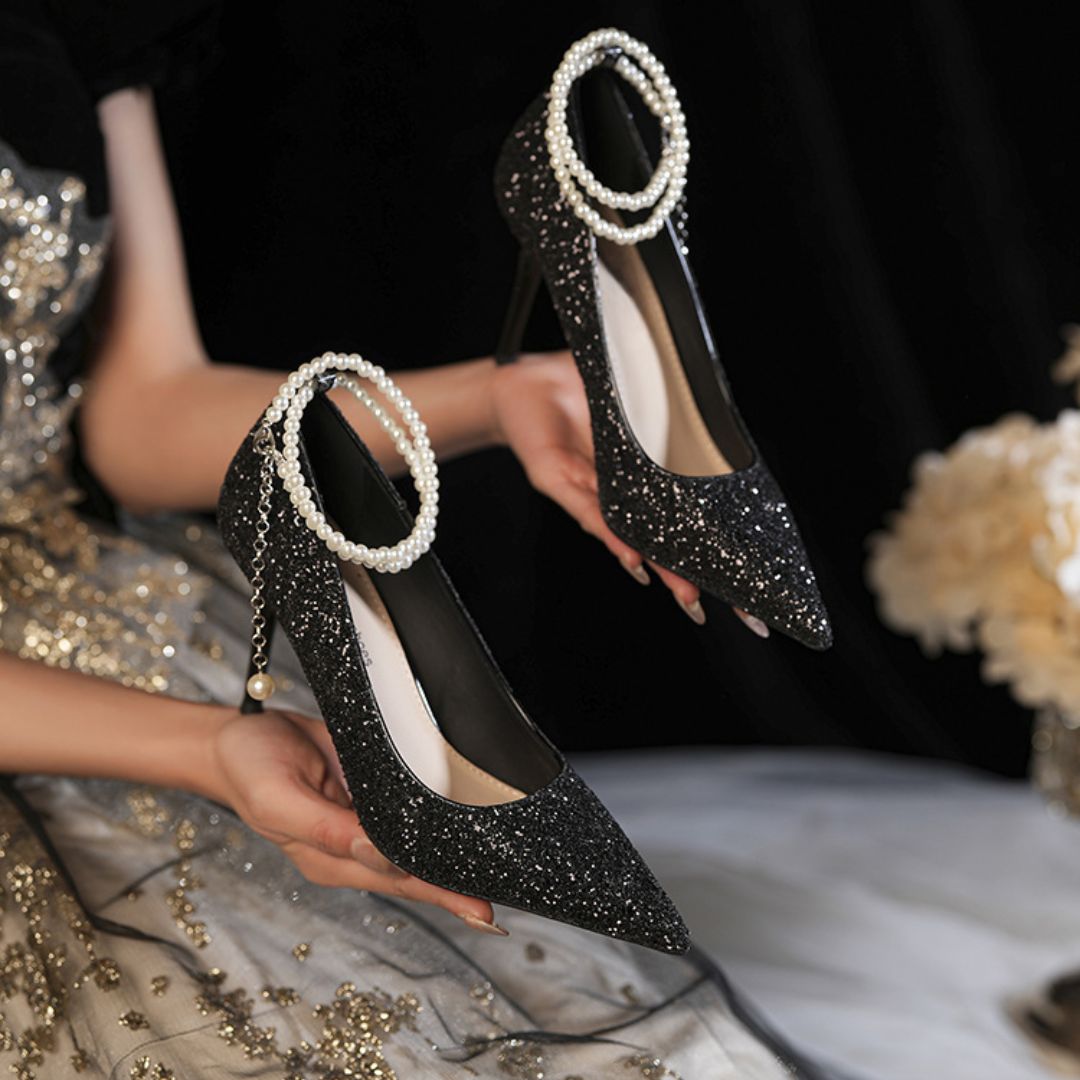Shama Pearl black glitter bridal heel by Ozzaro