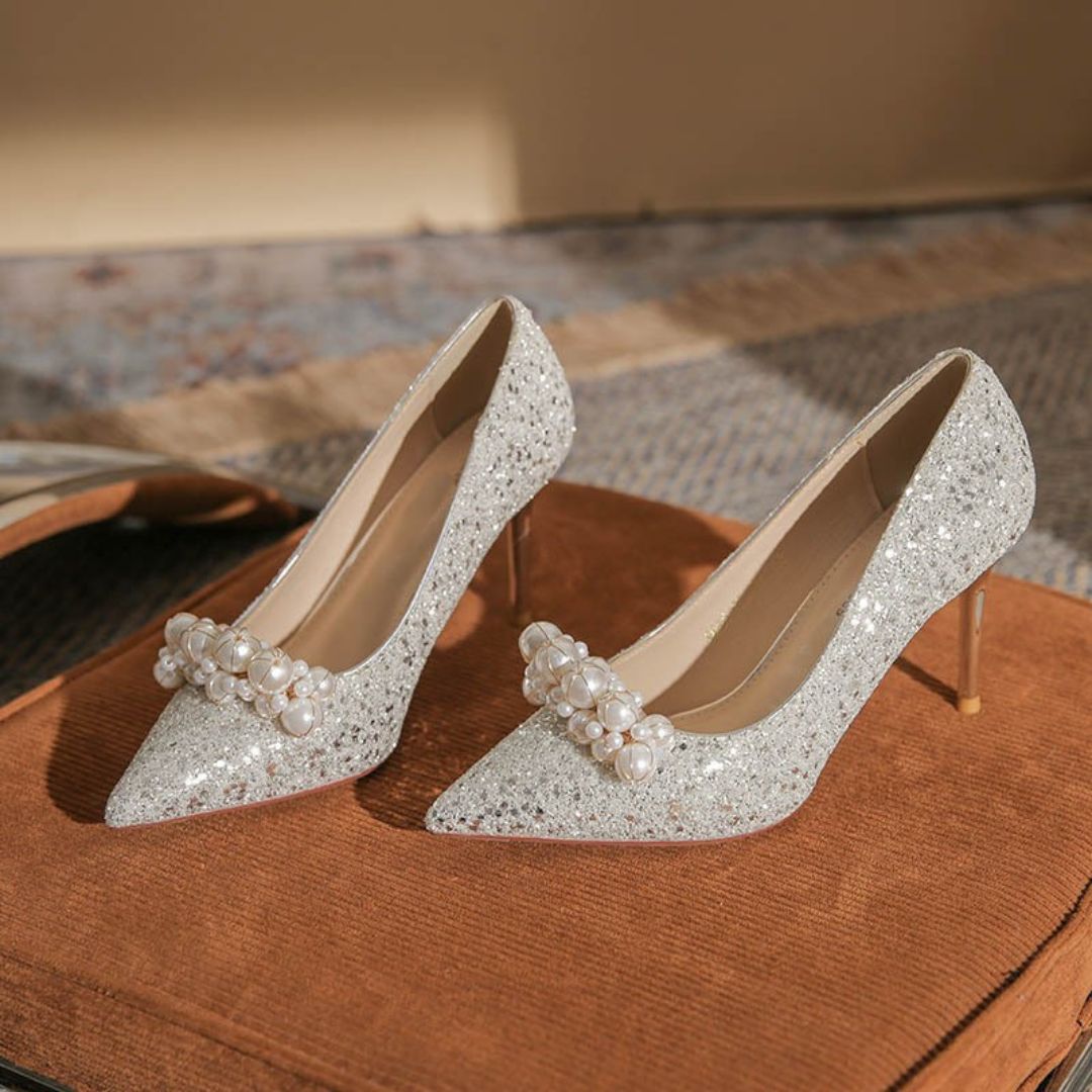 Nazaakat silver pearl heel by Ozzaro