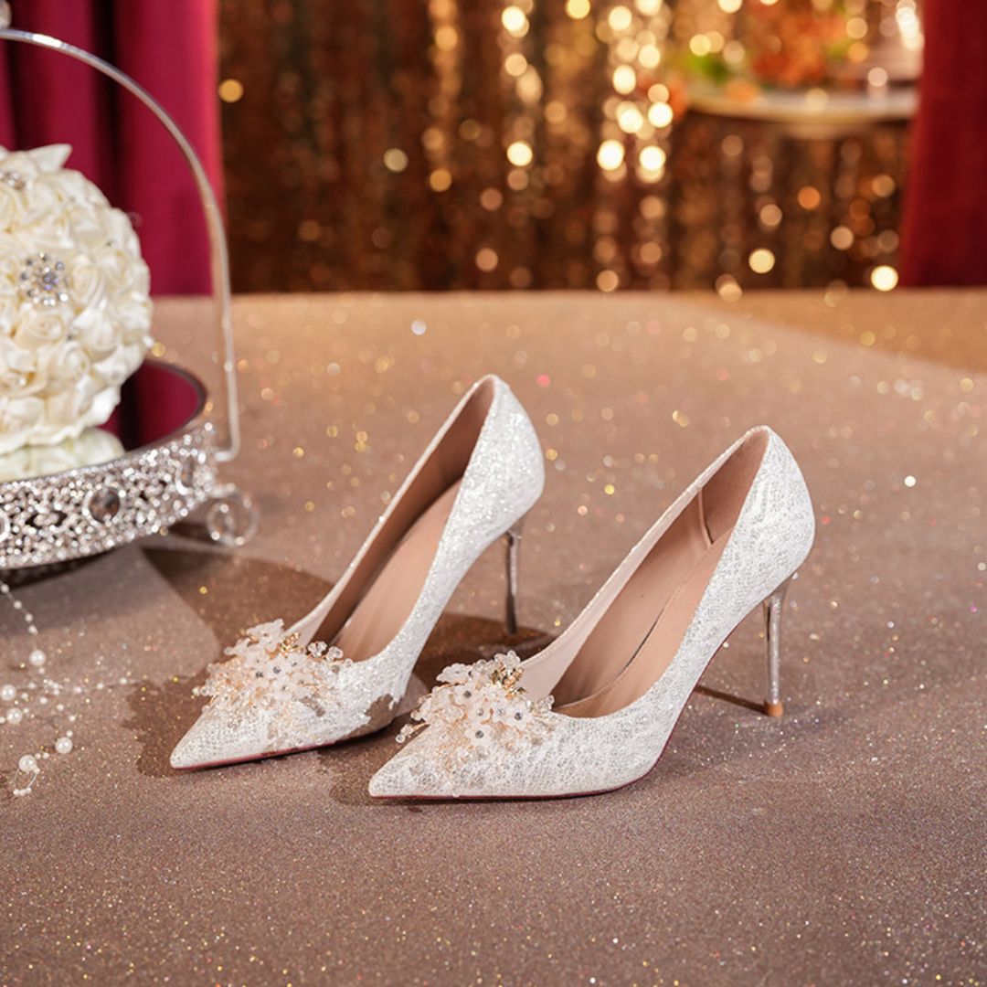 Roshan Step silver shimmer bridal heel by Ozzaro