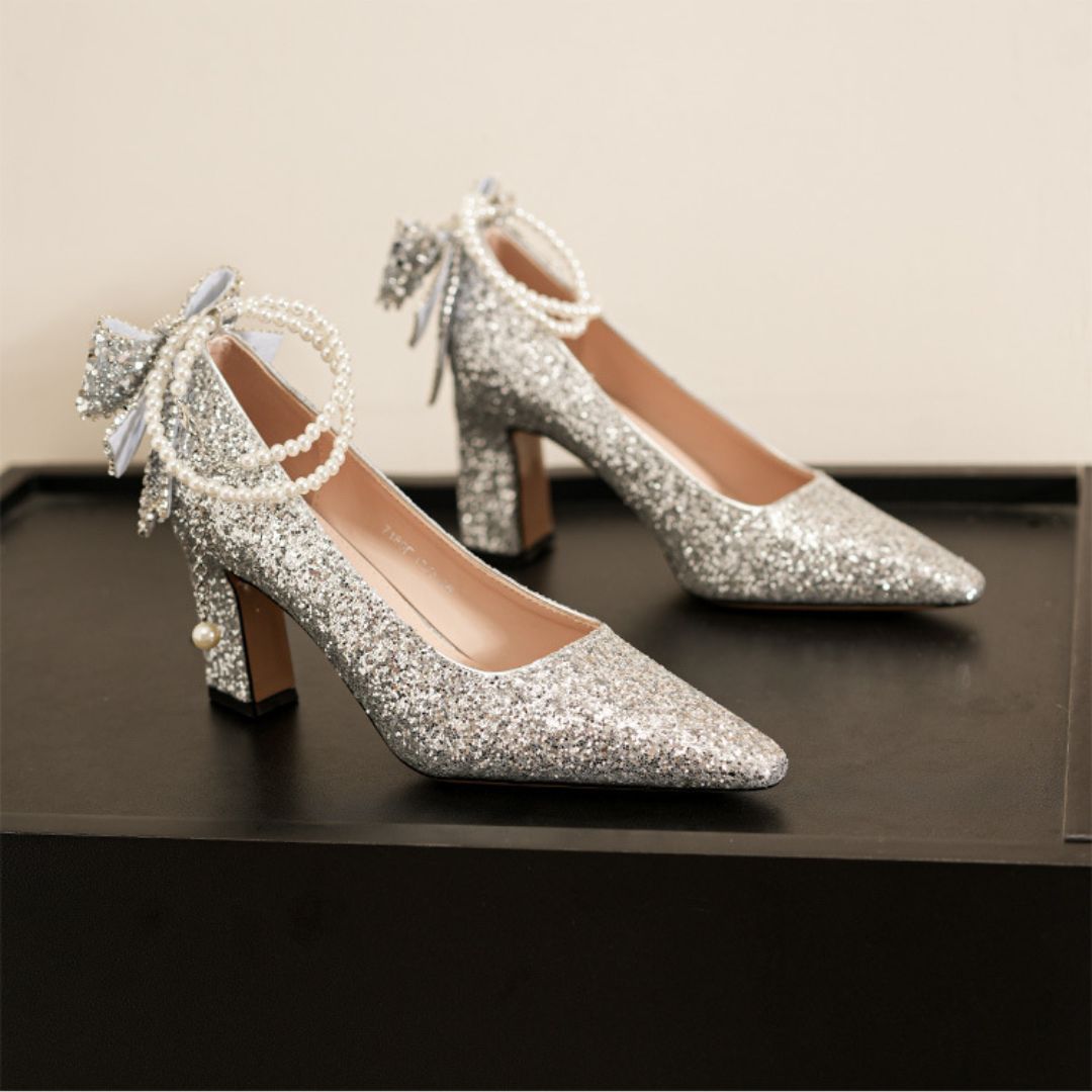 Chaand Bela silver shimmer bridal heel by Ozzaro