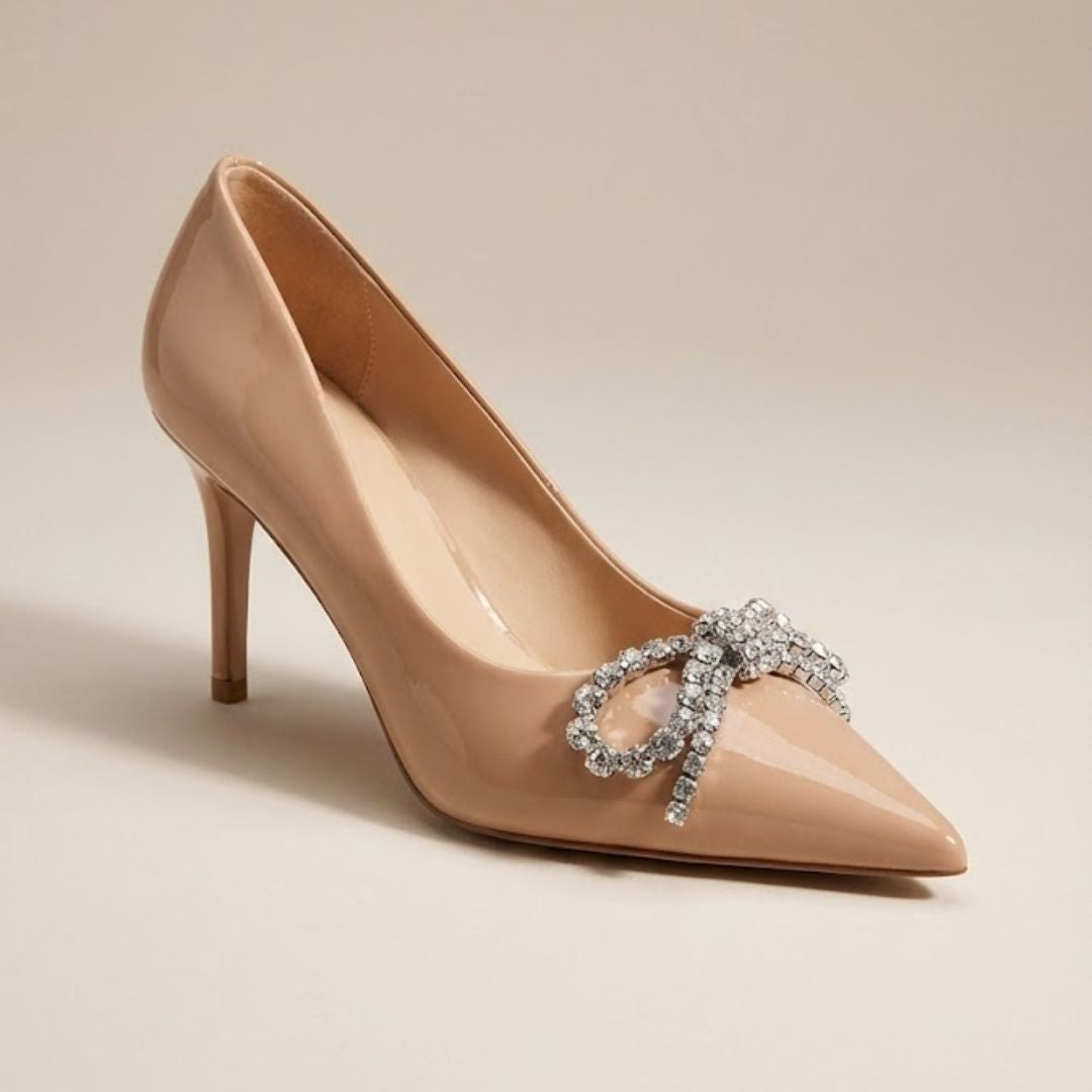 Crown Walk nude crystal bow heel by Ozzaro