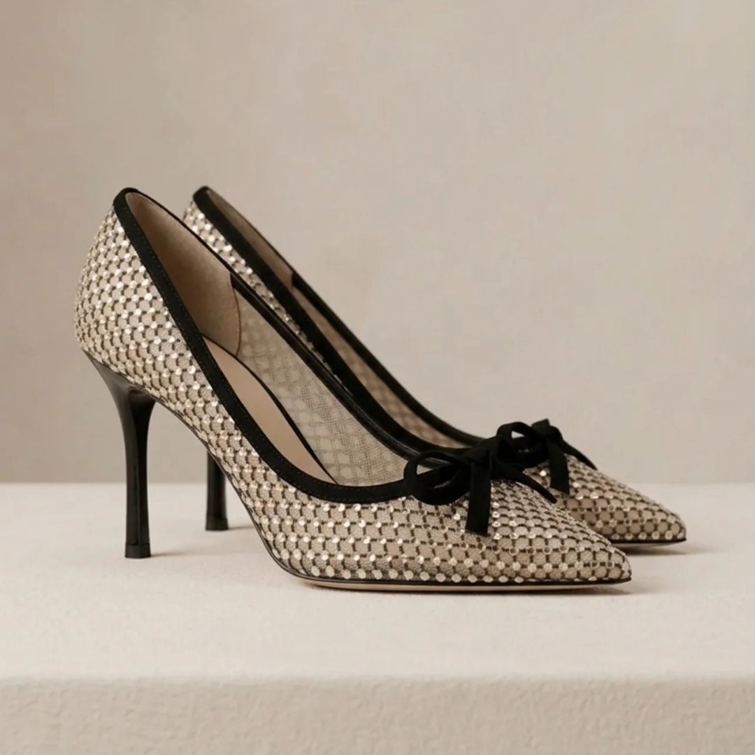 Daily Diva beige studded mesh heel by Ozzaro