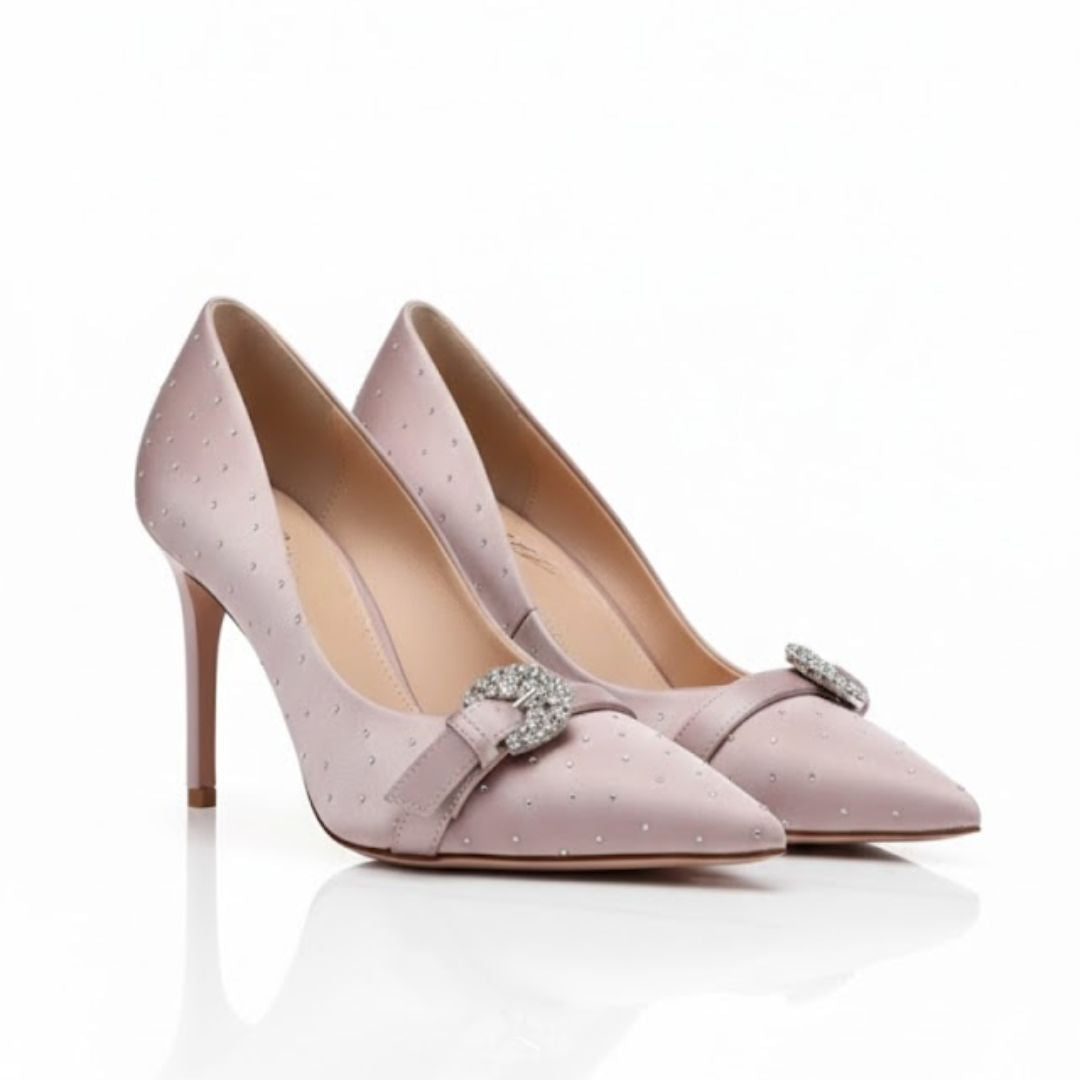 Gulabi Noor pink suede party heel by Ozzaro