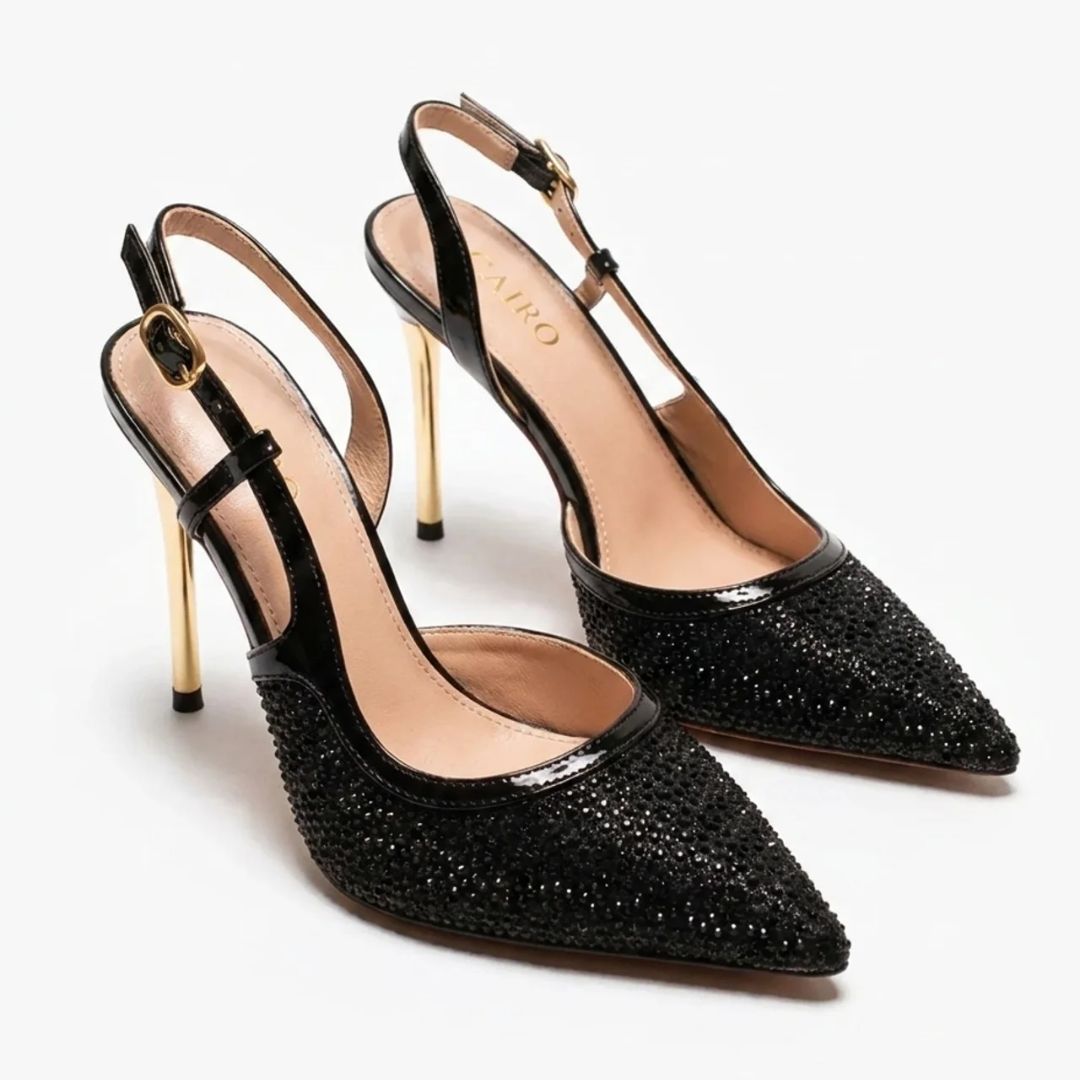 Gloss Code black rhinestone heel by Ozzaro