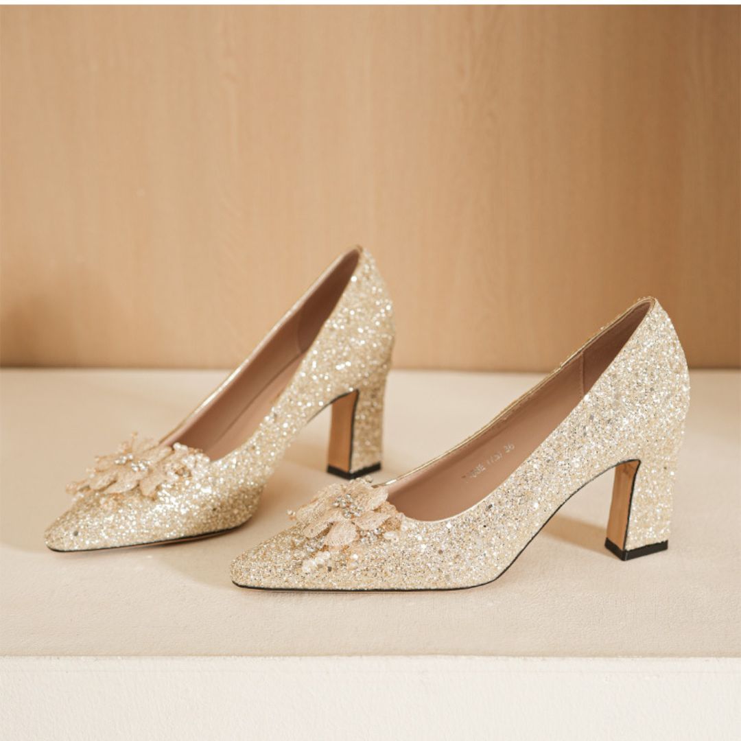 Gulshan Glow champagne gold block heel by Ozzaro