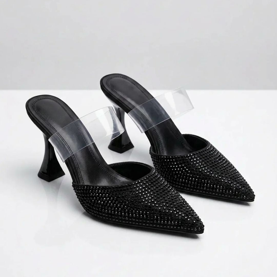 Midnight Dust black rhinestone mule heel by Ozzaro