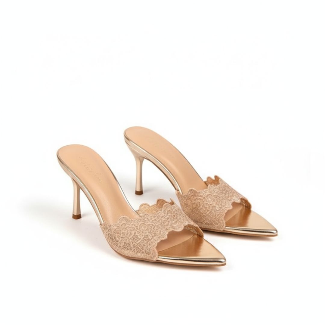 Lace Glow blush lace mule heel by Ozzaro