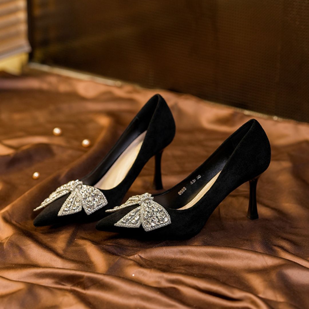 Velvet Jashn black embellished festive heel by Ozzaro