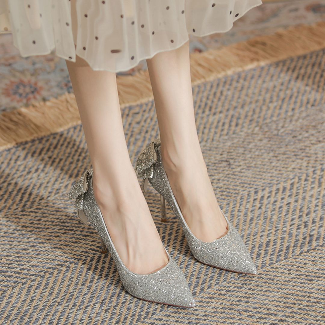 Anmol silver stiletto heel height and sole view
