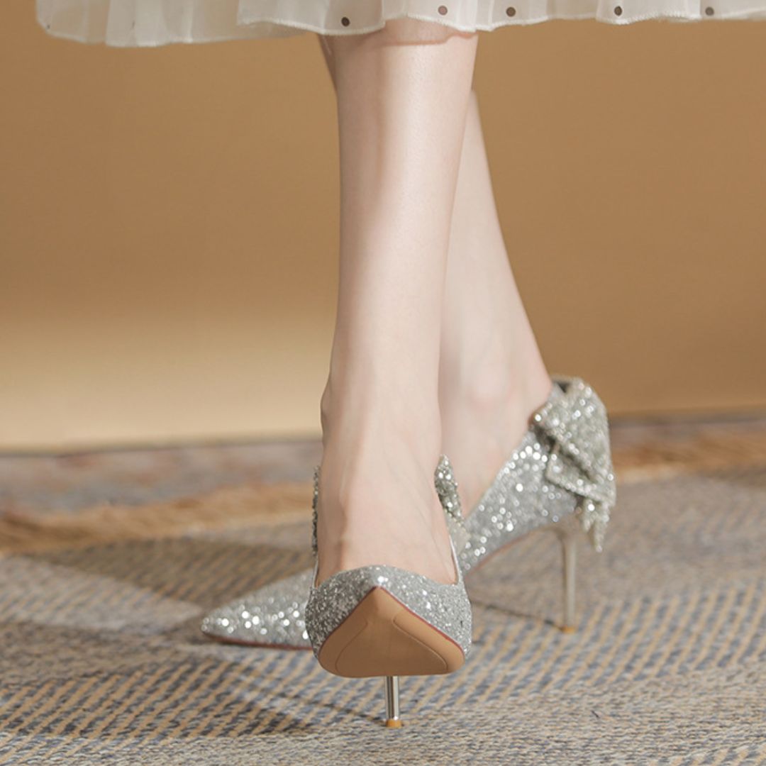 Anmol silver bridal heels styled for cocktail and wedding guest