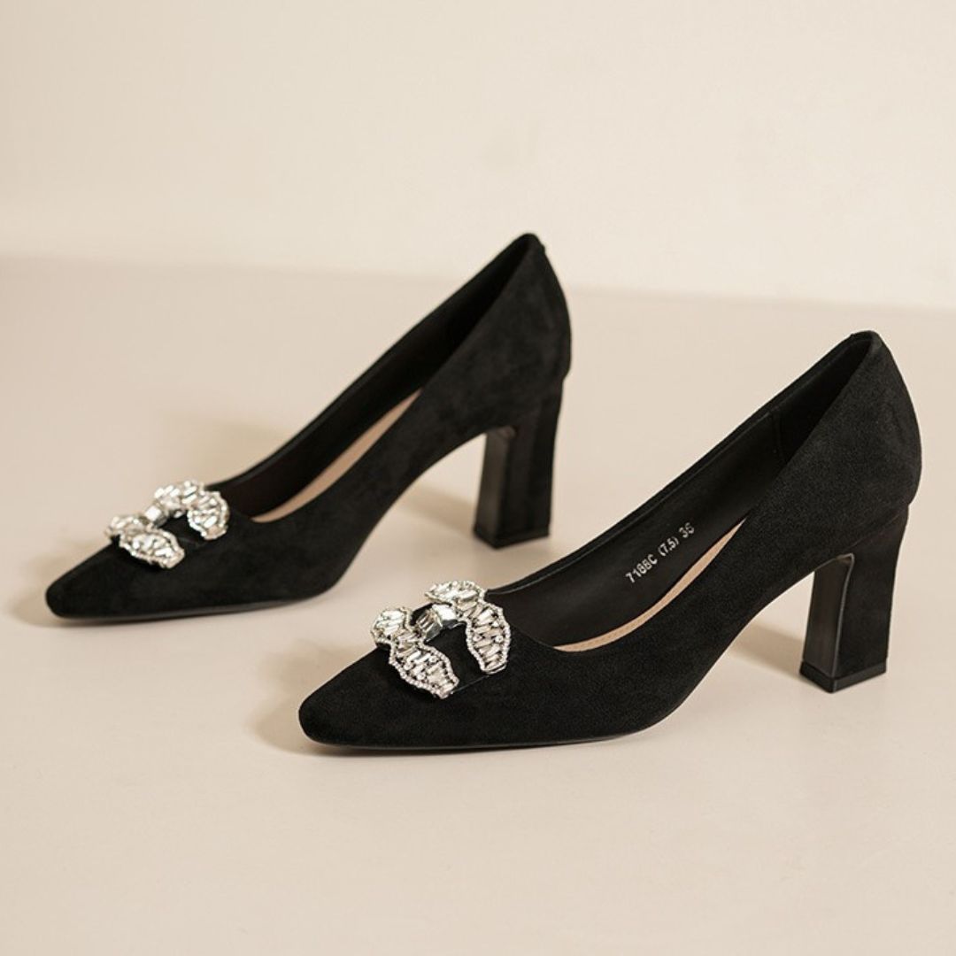 Black Block-Party heel with decorative brooches 