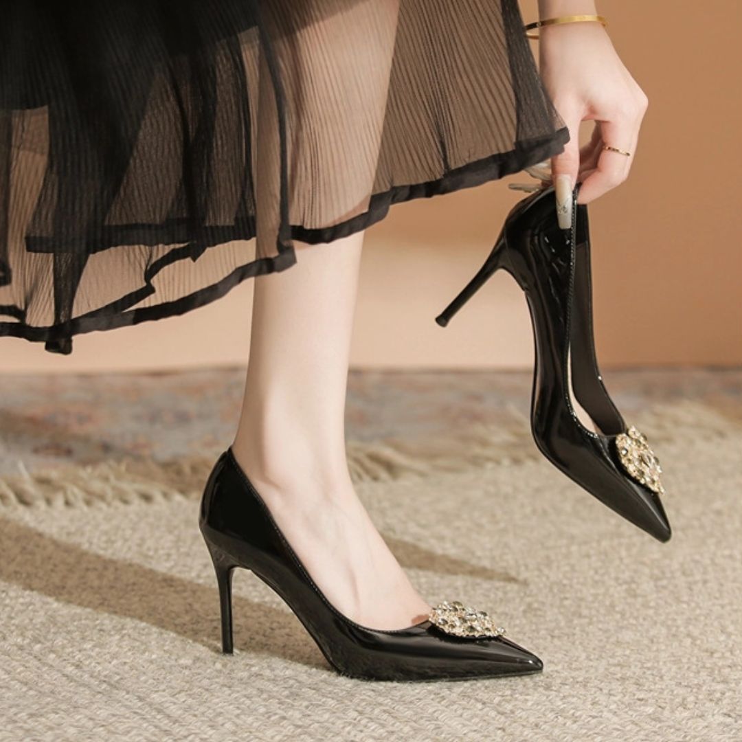 Swag black heels diamond brooch detail