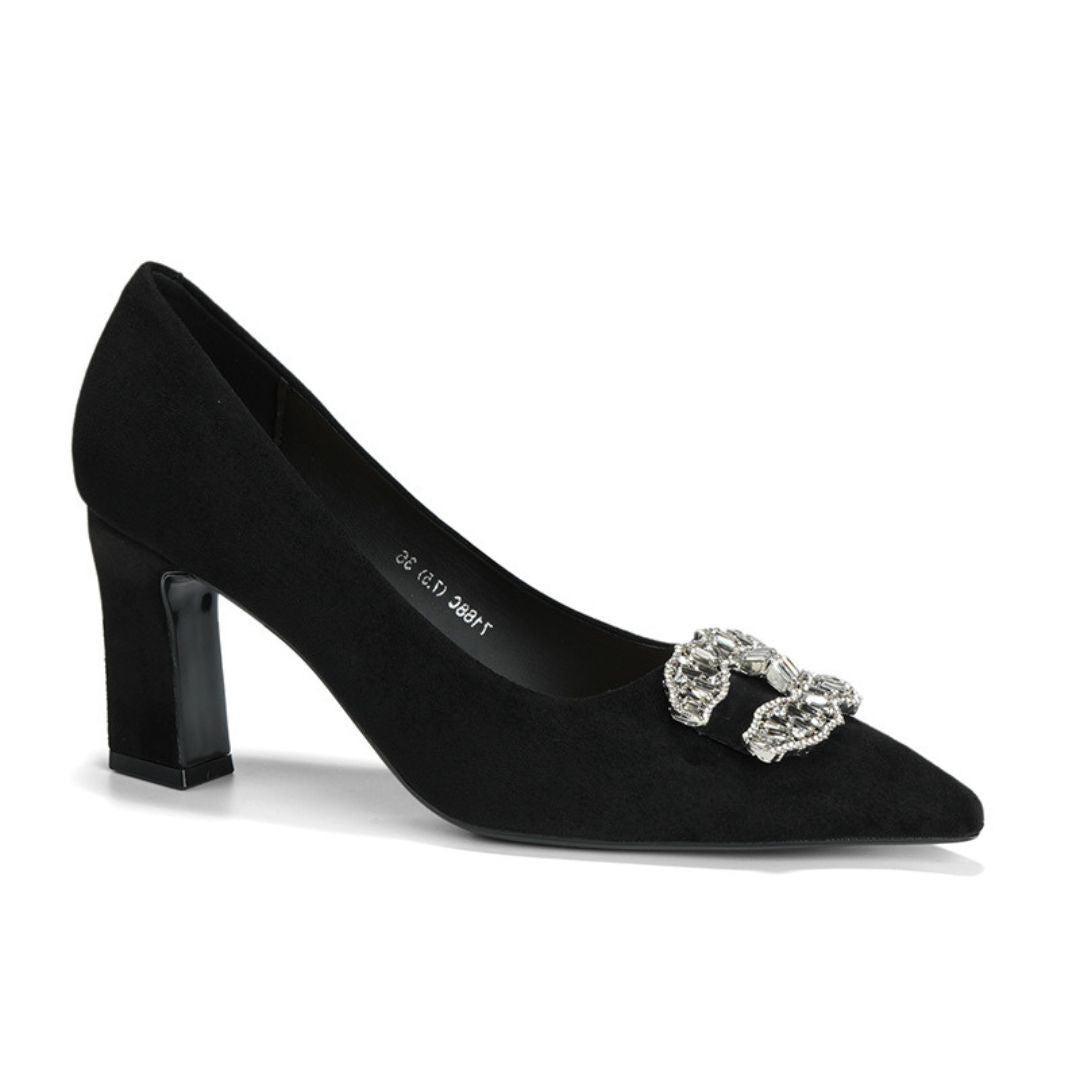 Black Block-Party heel with decorative brooches 