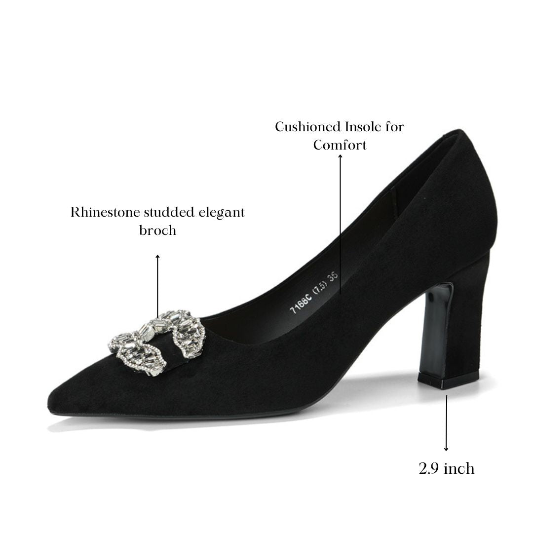 Black Block-Party heel with decorative brooches 