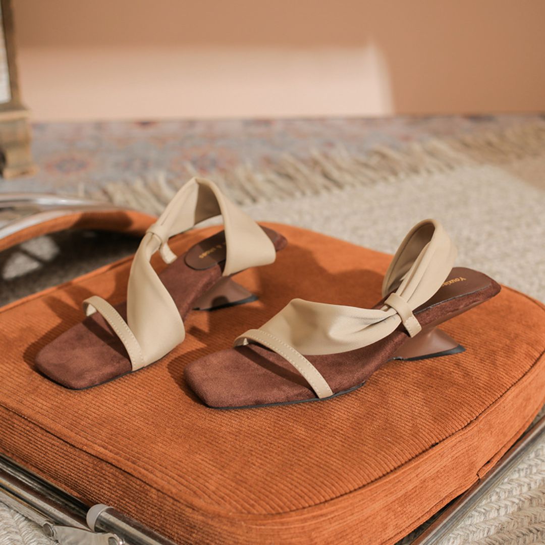 Chairwoman's Choice beige heels with wooden slant heel - front view