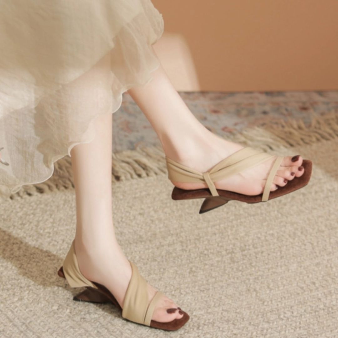 Chairwoman's Choice beige heels - side profile