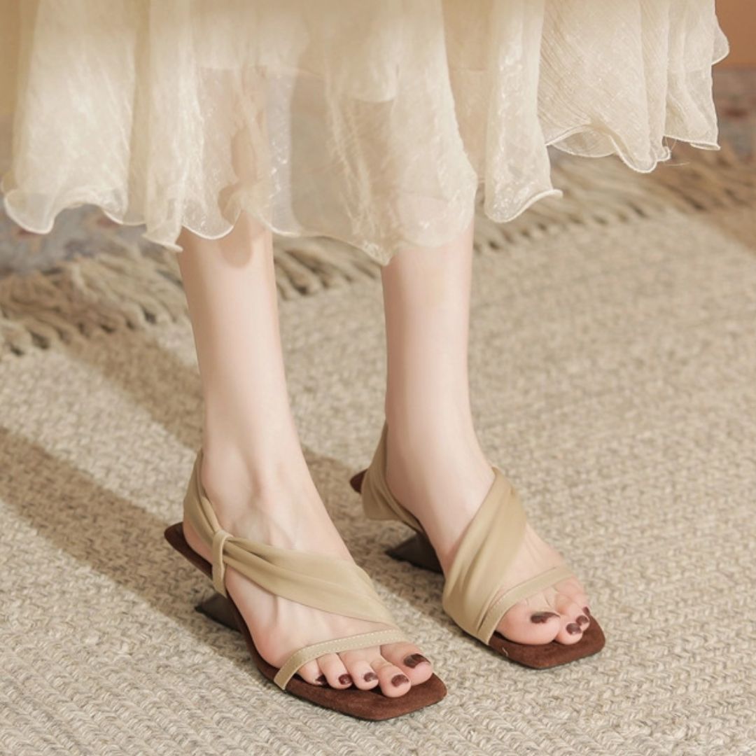 Chairwoman's Choice beige heels fabric ankle wrap detail