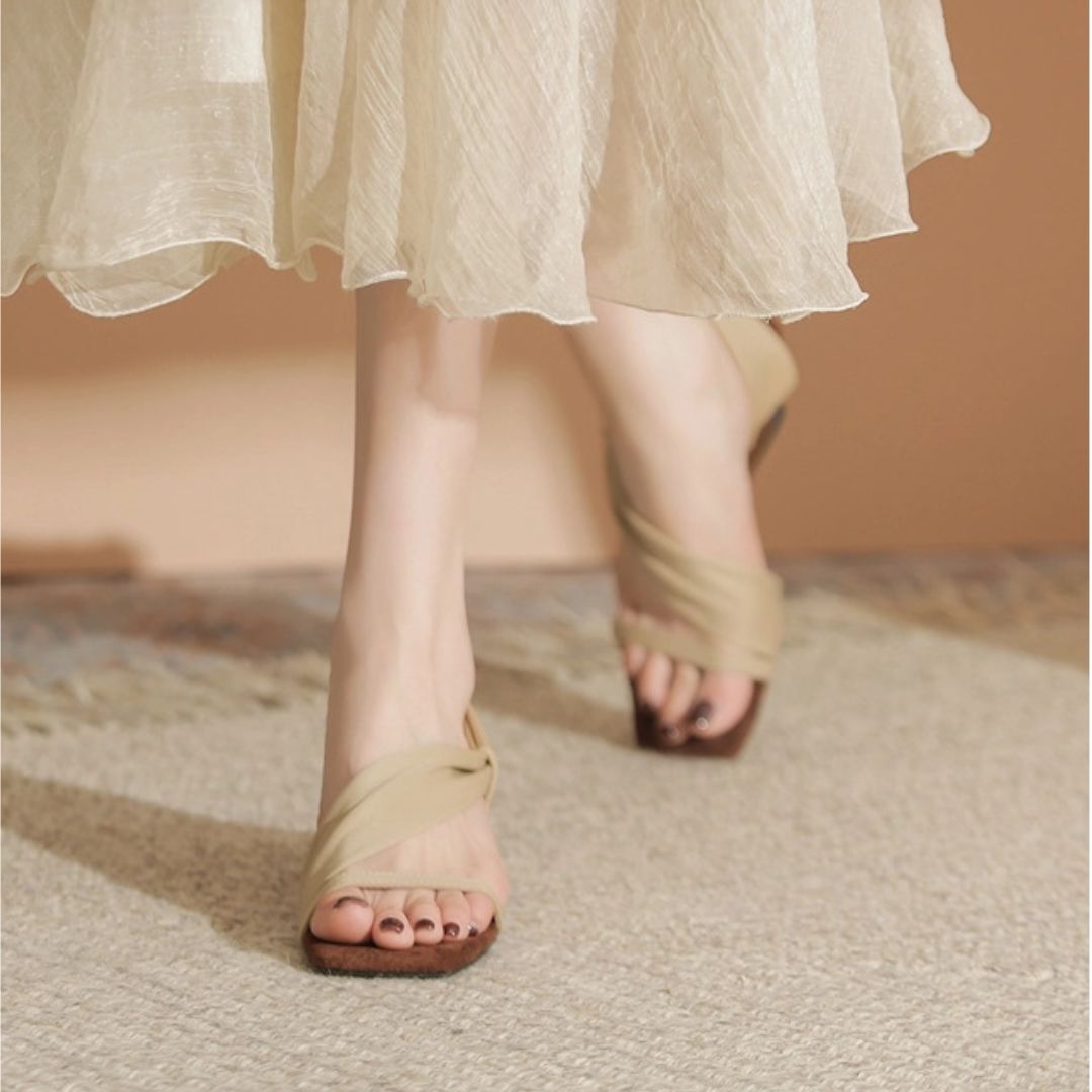 Chairwoman's Choice beige heels wooden heel close-up