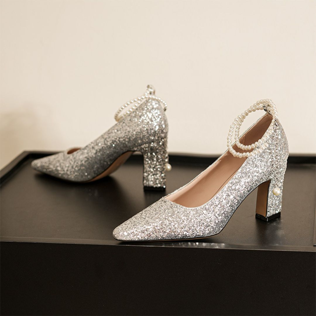 Pakeezah silver bridal block heels - side profile