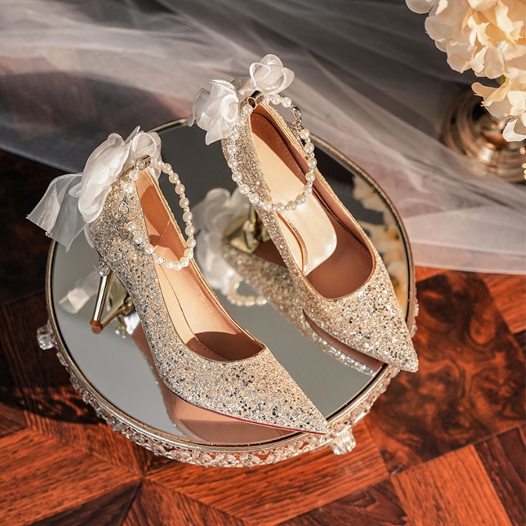 Bahar champagne gold bridal stiletto heels - side profile