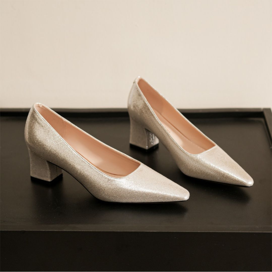 Andaaz champagne silver shimmer block heels - front view