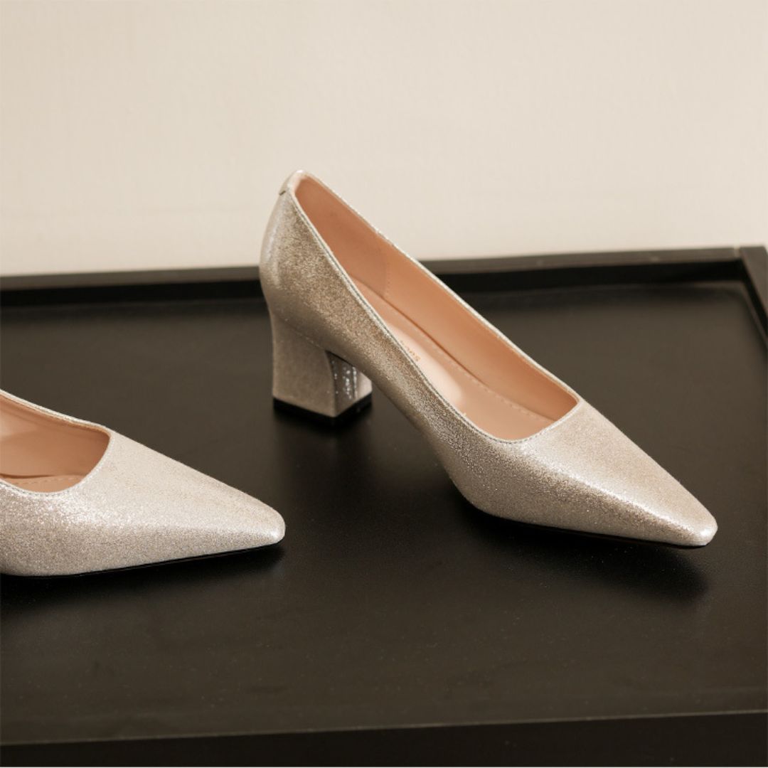 Andaaz champagne shimmer block heels - side profile