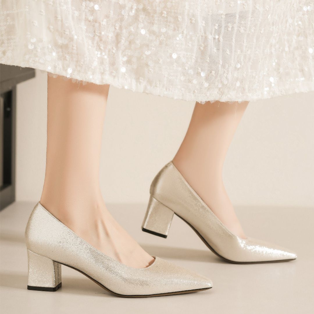 Andaaz champagne block heel height and sole view