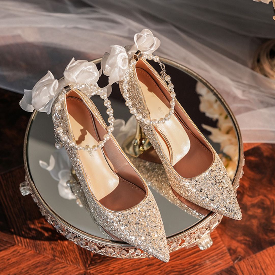 Bahar champagne gold heels pearl ankle strap and organza bow detail