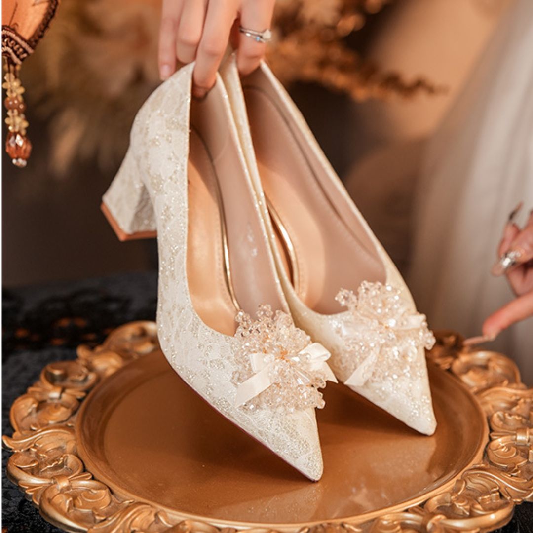Phulkari ivory heels pearl floral brooch detail
