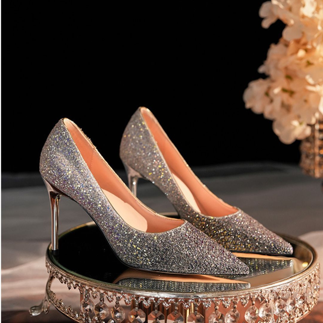 Adaayein black to silver ombre bridal stiletto heels - front view