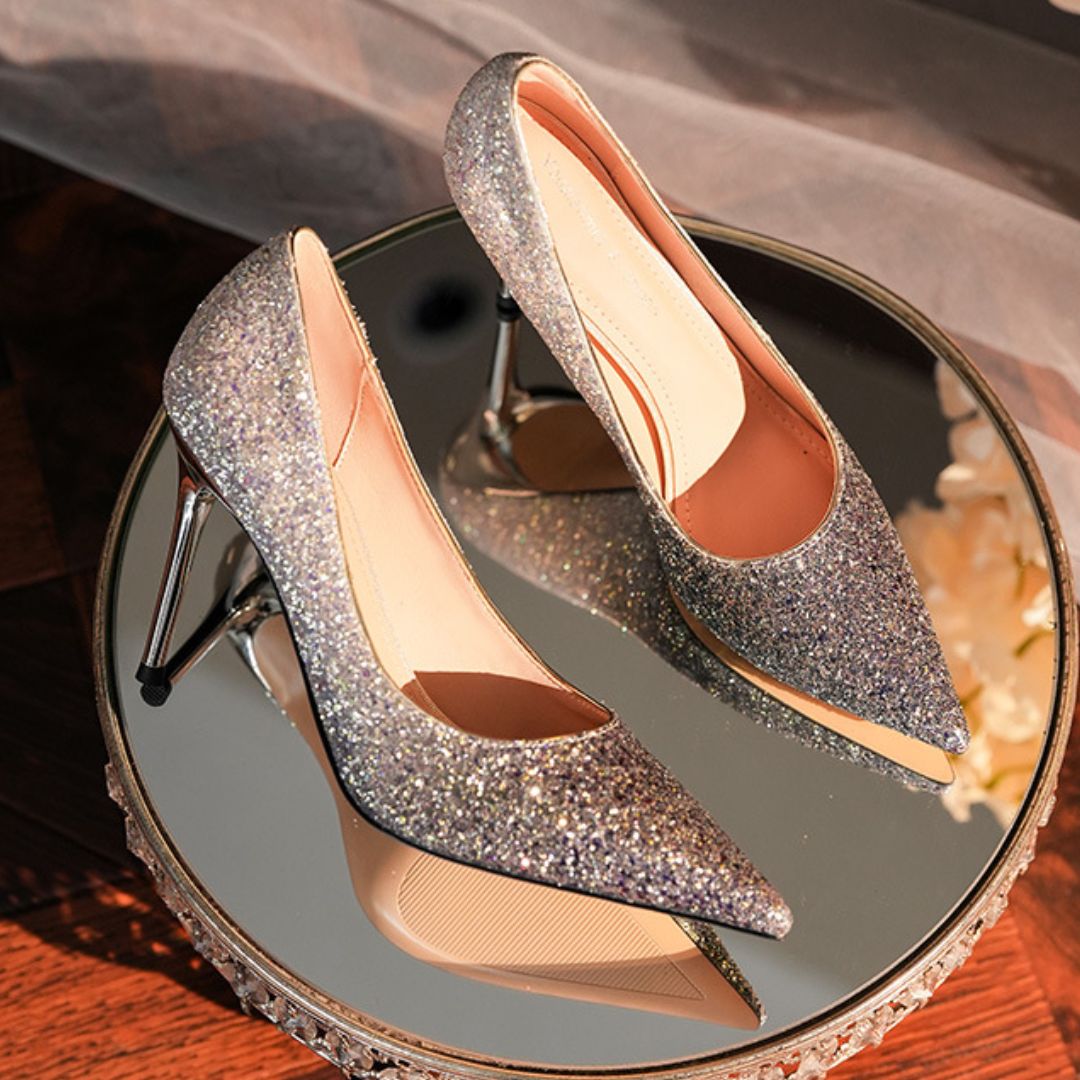 Adaayein black silver ombre shimmer heel detail
