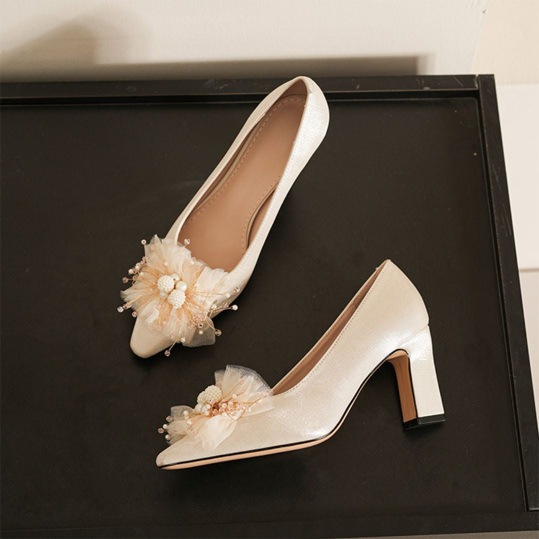 Gulbahar ivory heels tulle pearl floral brooch detail