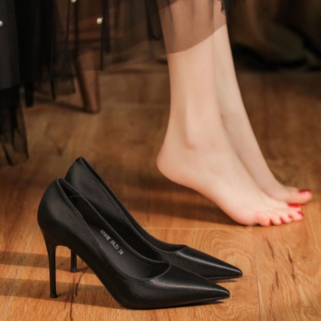 Dhamaka black matte stiletto heels - side profile