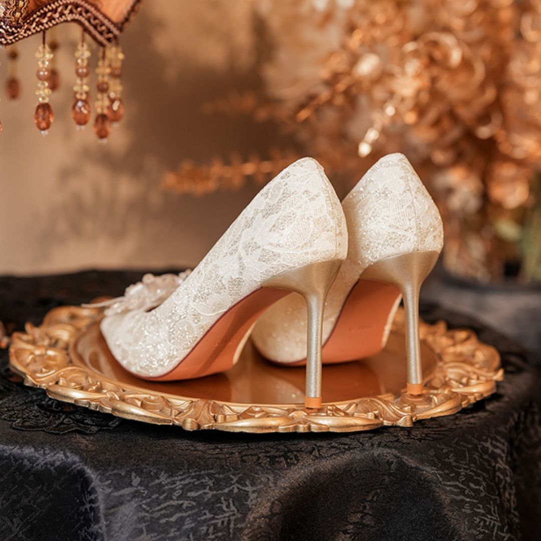 Heera Phool ivory bridal stiletto heels - side profile