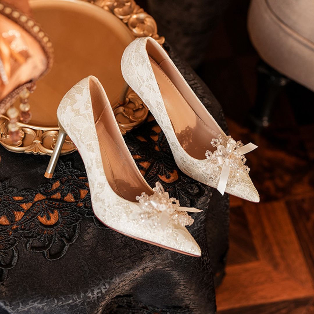 Heera Phool ivory heels pearl crystal brooch detail