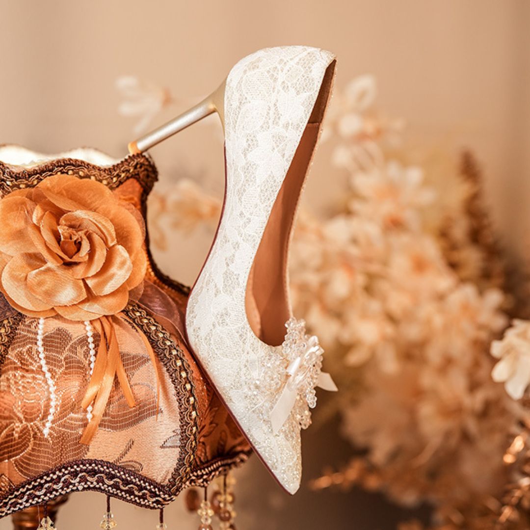 Heera Phool ivory bridal heels styled for wedding reception