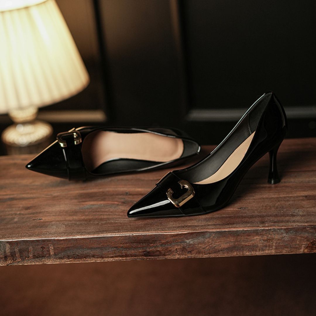 Junoon black office kitten heels - side profile