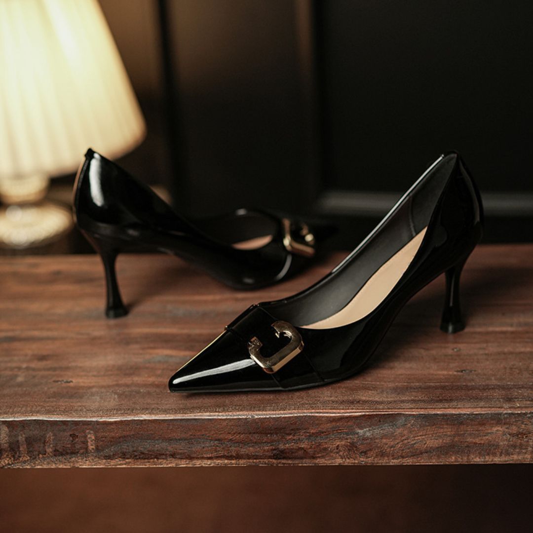Junoon black heels gold buckle detail