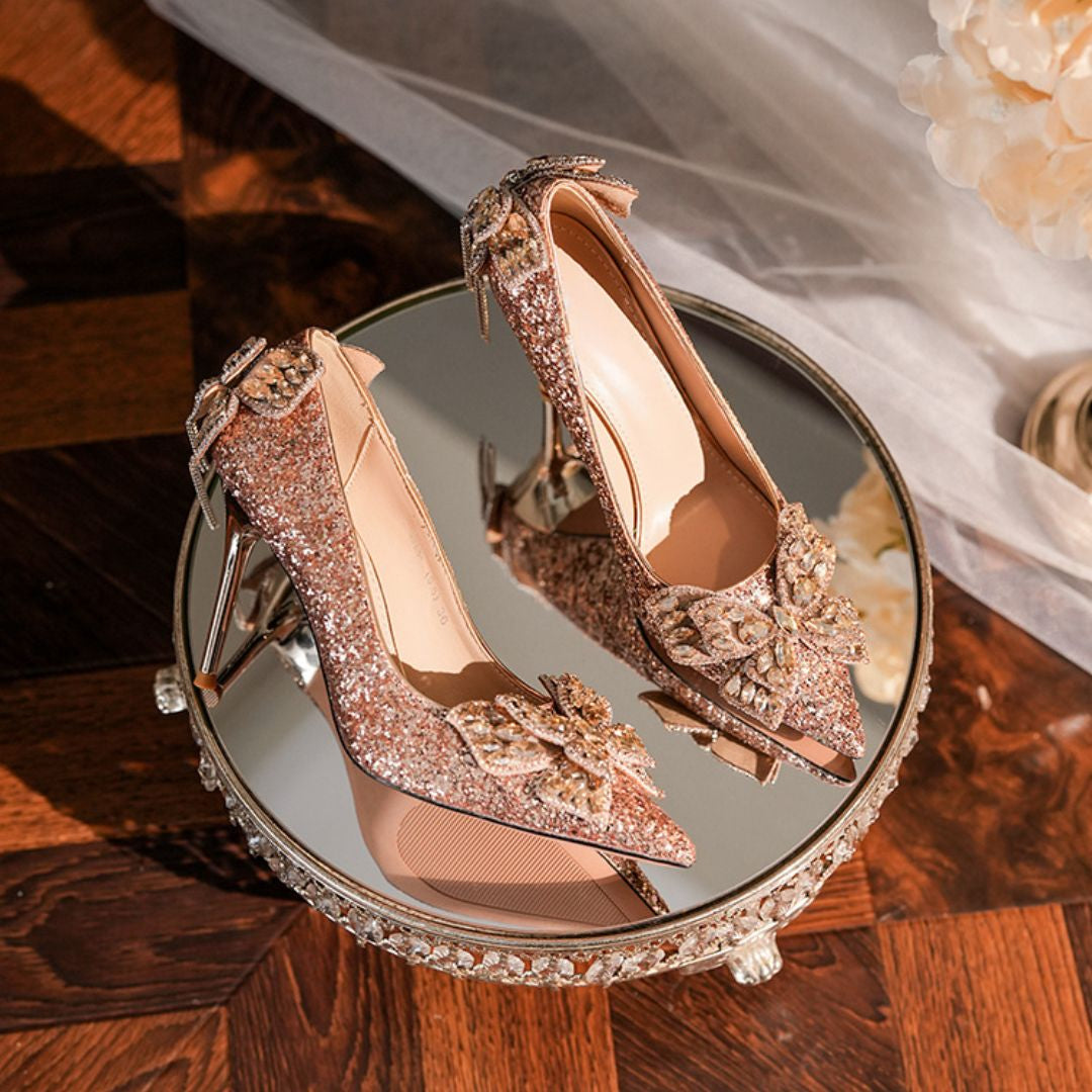 Champagne glittery Bridal-heel With embellished Butterflies
