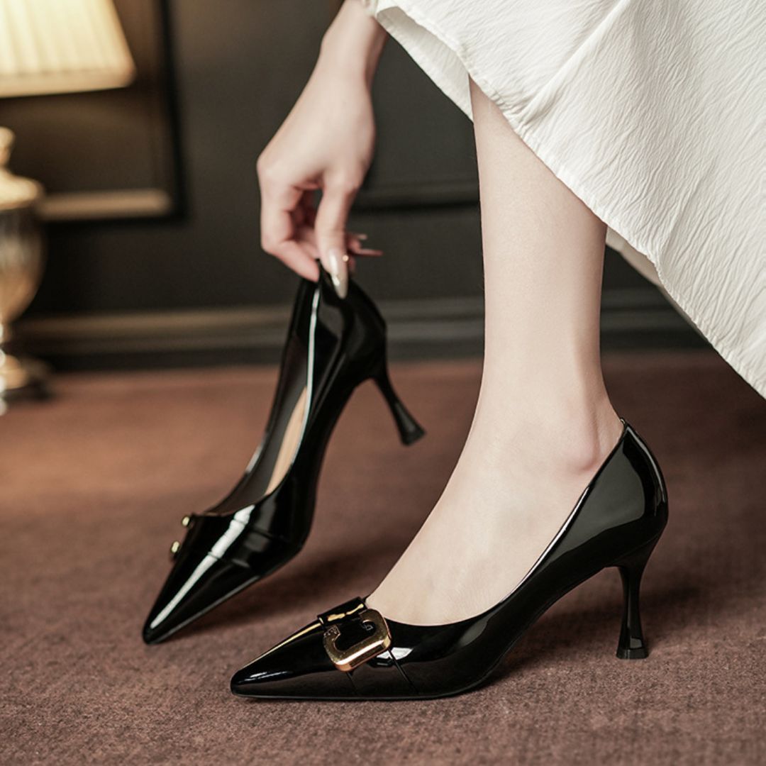 Junoon black kitten heels with gold buckle - front view