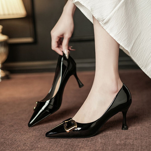 Junoon black kitten heels with gold buckle - front view