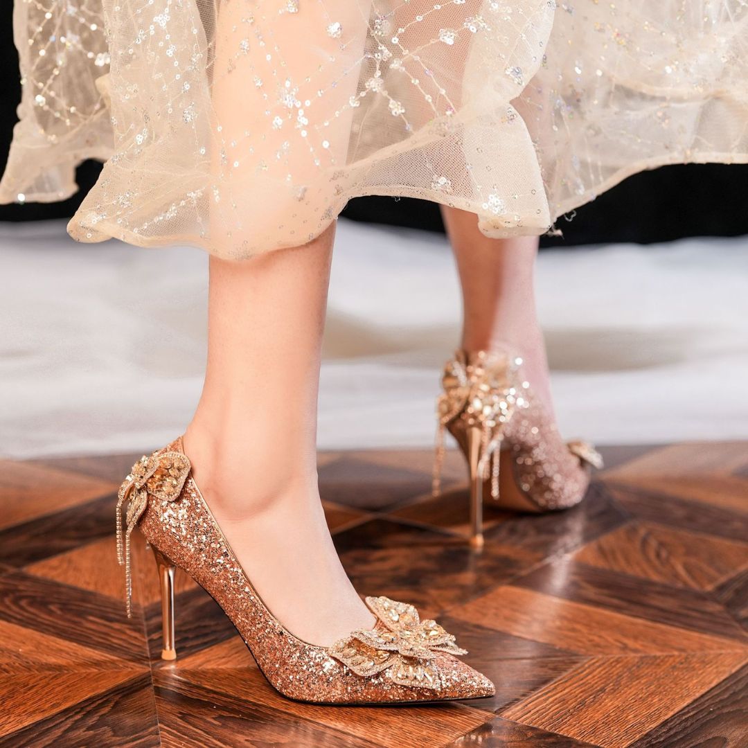 Champagne glittery Bridal-heel With embellished Butterflies