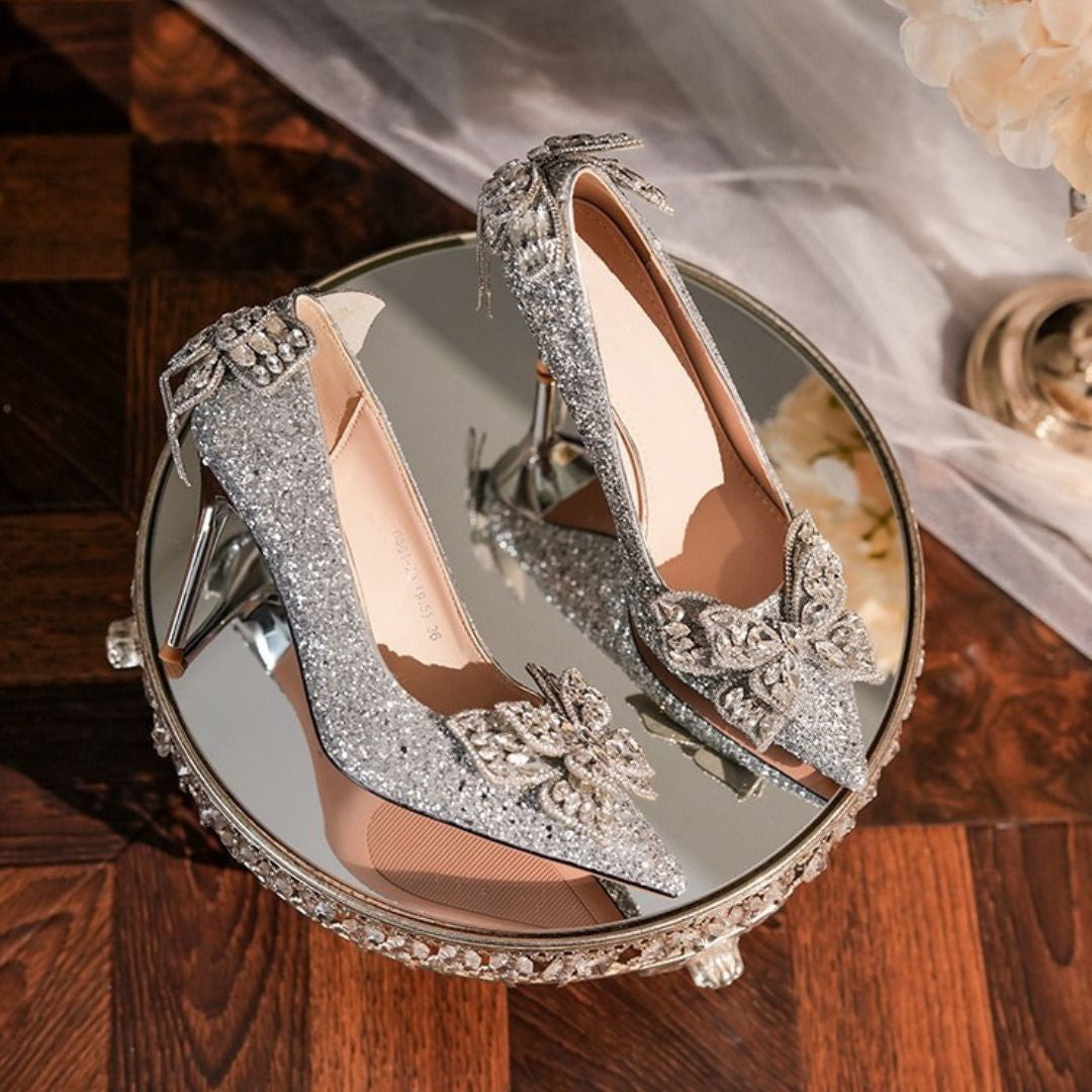 Silver glitter Bridal heels with embellished Butterflies 