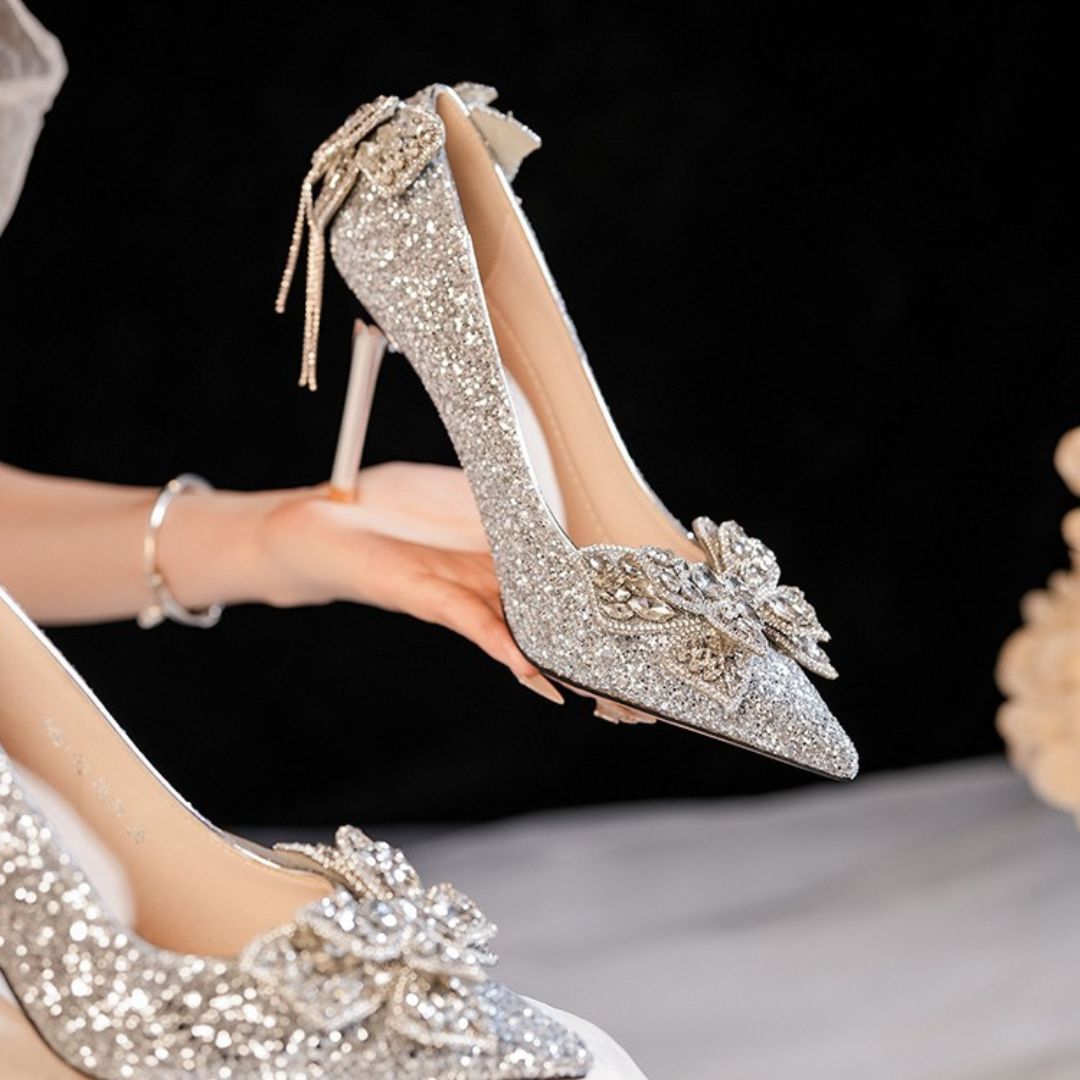 Silver glitter Bridal heels with embellished Butterflies 
